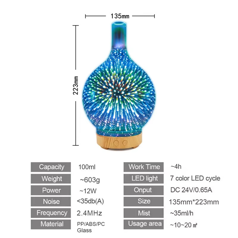 3D Firework Glass USB Air Humidifier with 7 Color Led Night Light Aroma Oil Diffuser Cool Mist Maker Black EU Plug