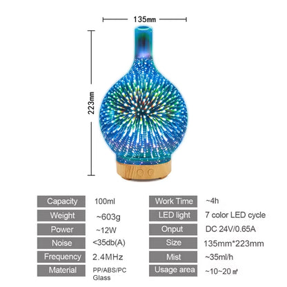 3D Firework Glass USB Air Humidifier with 7 Color Led Night Light Aroma Oil Diffuser Cool Mist Maker Black EU Plug