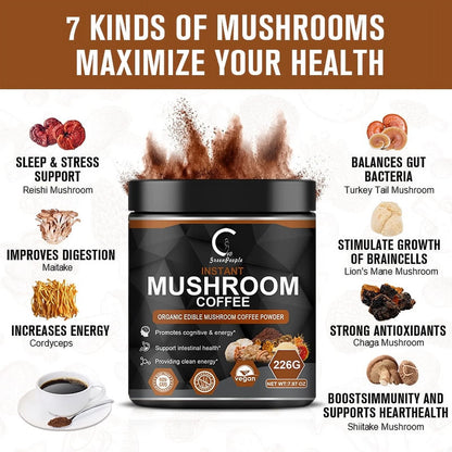 Instant Mushroom Coffee, Greenpeople Organic Mushroom Coffee Powder Supplements with Lion'S Mane, Reishi, Chaga, Cordyceps, for Better Focus and Immune Support, 7.97Oz