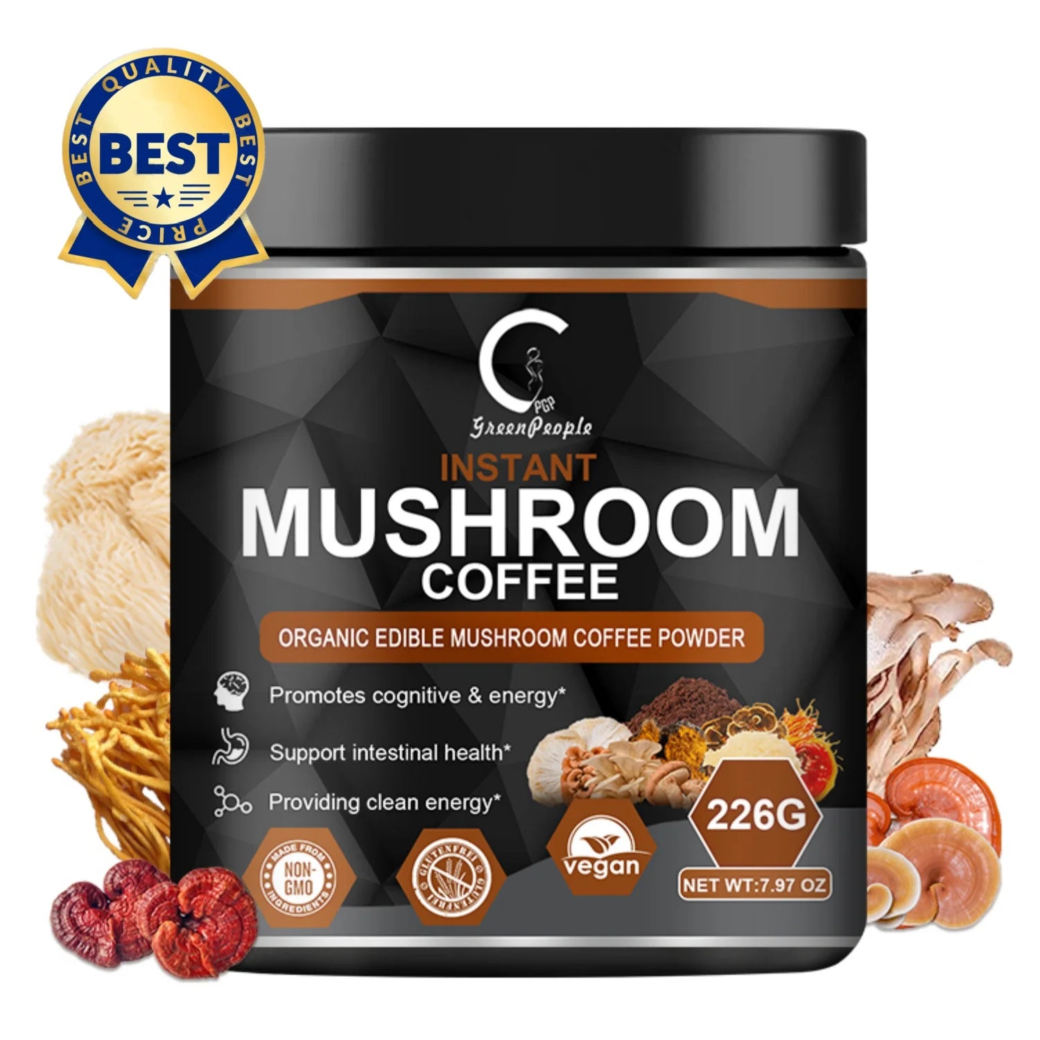 Instant Mushroom Coffee, Greenpeople Organic Mushroom Coffee Powder Supplements with Lion'S Mane, Reishi, Chaga, Cordyceps, for Better Focus and Immune Support, 7.97Oz