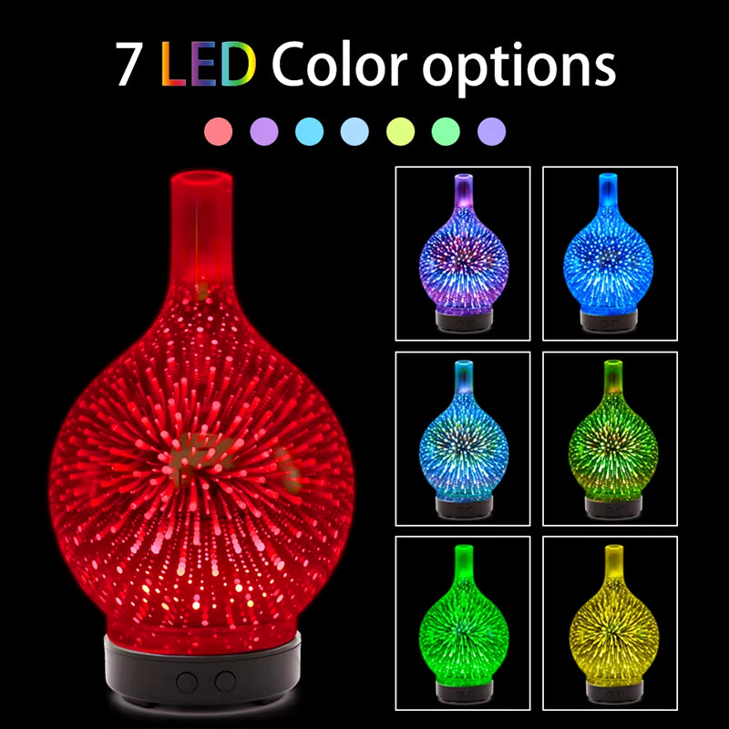 3D Firework Glass USB Air Humidifier with 7 Color Led Night Light Aroma Oil Diffuser Cool Mist Maker Black EU Plug