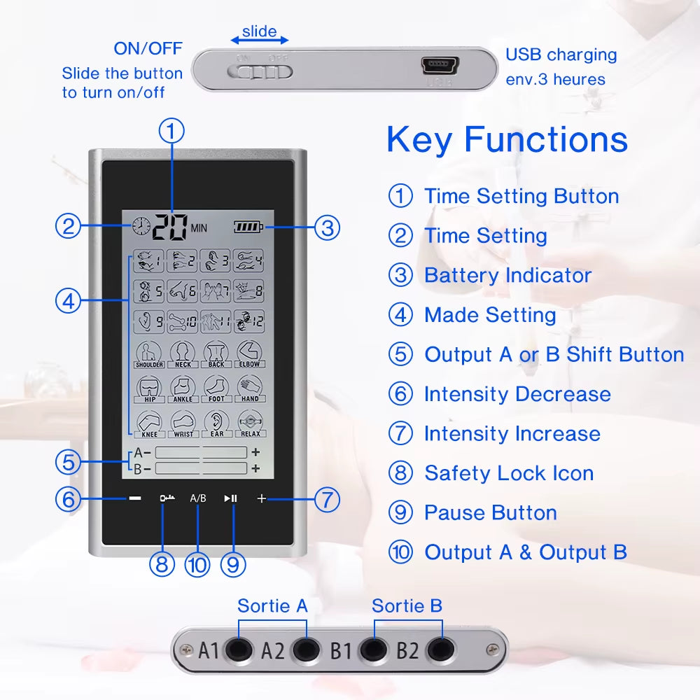 Electric Tens Muscle Stimulator 24 Mode Ems Acupuncture Face Body Massager Digital Therapy Herald Massage Tool Electrostimulator