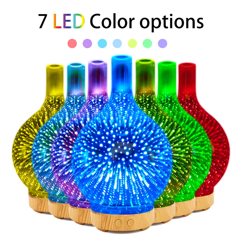 3D Firework Glass USB Air Humidifier with 7 Color Led Night Light Aroma Oil Diffuser Cool Mist Maker Black EU Plug