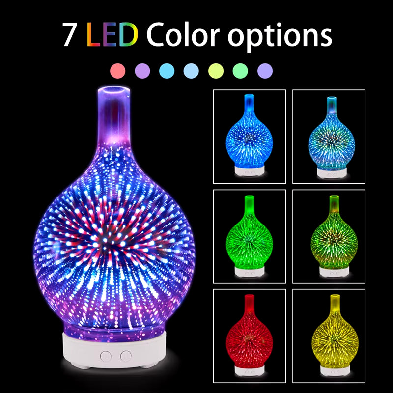 3D Firework Glass USB Air Humidifier with 7 Color Led Night Light Aroma Oil Diffuser Cool Mist Maker Black EU Plug